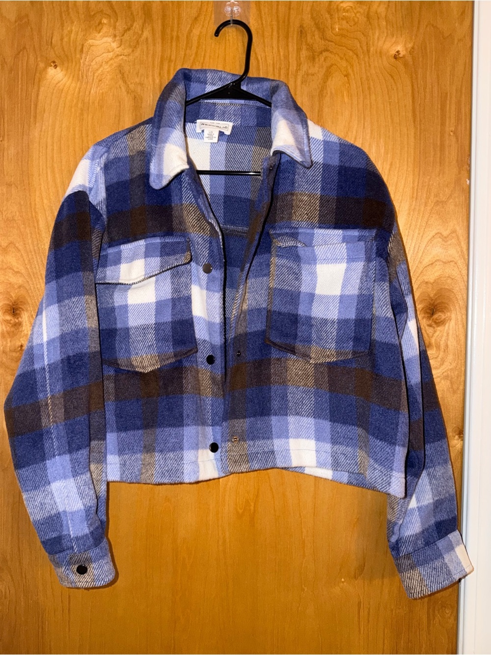 For The Republic Blue & Brown Plaid Cropped Shacket